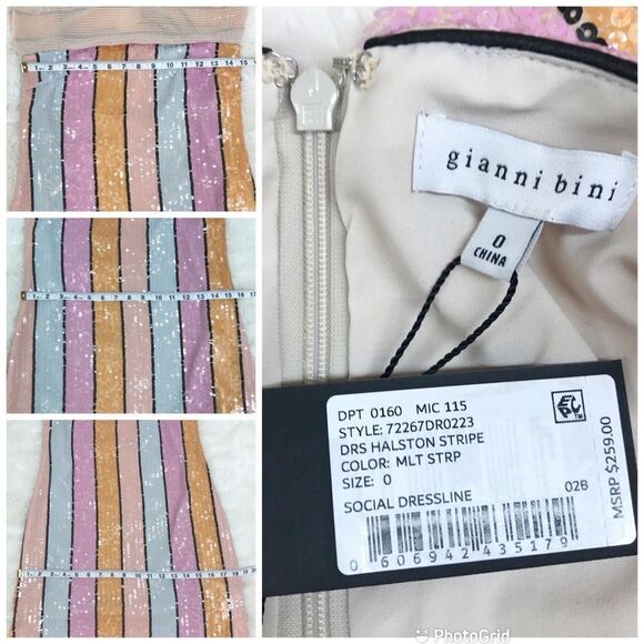 GIANNI BINI Halston Multi Color Stripe Sequin Dress Cocktail Midi Size 0 2 New - Picture 9 of 13